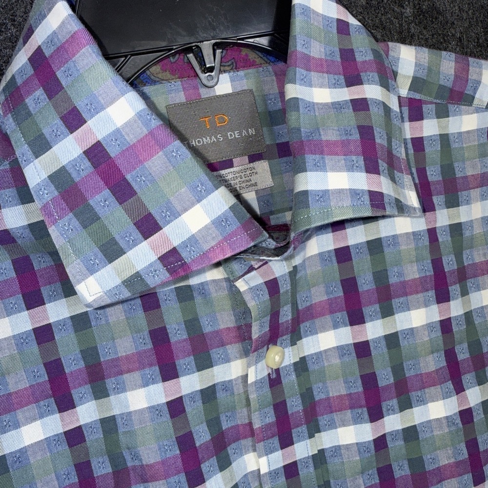 Thomas Dean Button Down Shirt Mens XL Purple Plaid‎ Paisley Trim Cotton